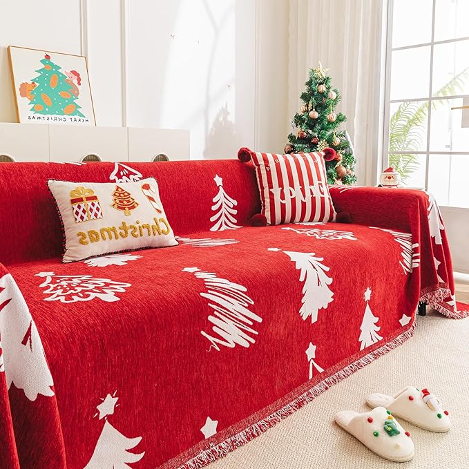 hyha Couch Cover for Dogs, Boho Sofa Covers for 3 Cushion Couch Washable, Chenille Sofa Slipcover for Pets, Loveseat Sectional Couch Throw Blanket with Tassels(Red Christmas Tree, 88.5x150 Inch)