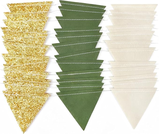 Sage Green Gold Party Decorations Oilve Green Beige Gold Glitter Felt Triangle Mini Banner Bunting Pennant Flag for Baby Shower Birthday Wedding Jungle Woodland Safari Party Nursery Classroom Decor