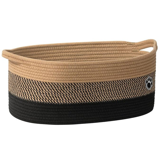 Large Dog Toy Basket, 19.7" X 11" X 7.9" Woven Rope Basket with Handles, Cat Dog Toy Storage Box for Living Room, Gift Baskets for Baby Shower, Black-Brown