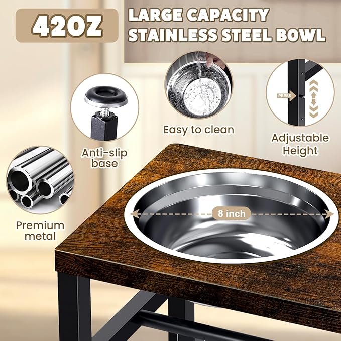 Elevated Dog Bowls, 3 Height Adjustable Raised Dog Water Food Bowl Wooden Metal Stand, 42OZ-Stainless Steel Bowls for Medium Small Dogs