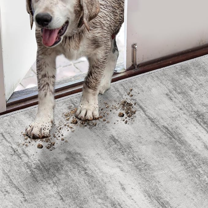 COMSLE Door Mat, Front Door Mat Indoor for Entrance Faux Wool Absorbent Non Slip Modern Throw Rug for Entryway Bedroom Muddy Paws - Pet Friendly, 47x71 Inches,Linear Gray Machine Washable