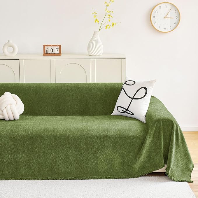 hyha Couch Cover for Dogs, Boho Sofa Covers for 3 Cushion Couch Washable, Chenille Sofa Slipcover for Pets, Soft Loveseat Sectional Couch Throw Blankets with Tassels (Green, 71x102 Inch)
