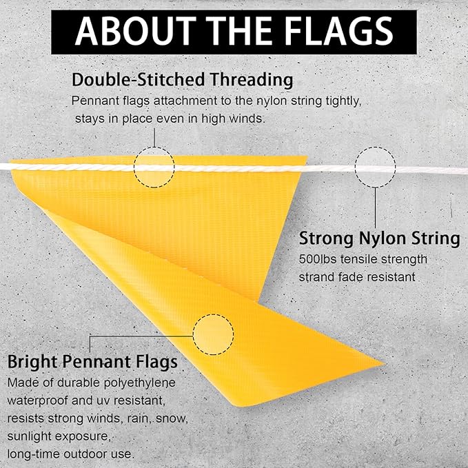 Pennant Banner Flag, Safety Marking Flags Warning Of Rooftop Survey Boundary Traffic Barrier & Construction Hazardous Areas, Yard Marker Flags For Flagging Property Line Party Events 100ft 7x10inch