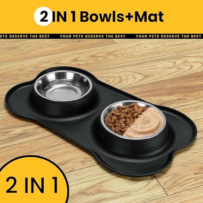 Dog Bowls with Silicone Feeding Mat, No Spill Food Water Dish Set, Dishwasher Safe, 2 Stainless Steel Puppy Bowls, Suitable for Tiny Dogs Kittens Cats Rabbits Pets under 8lbs, Extra Small,Black