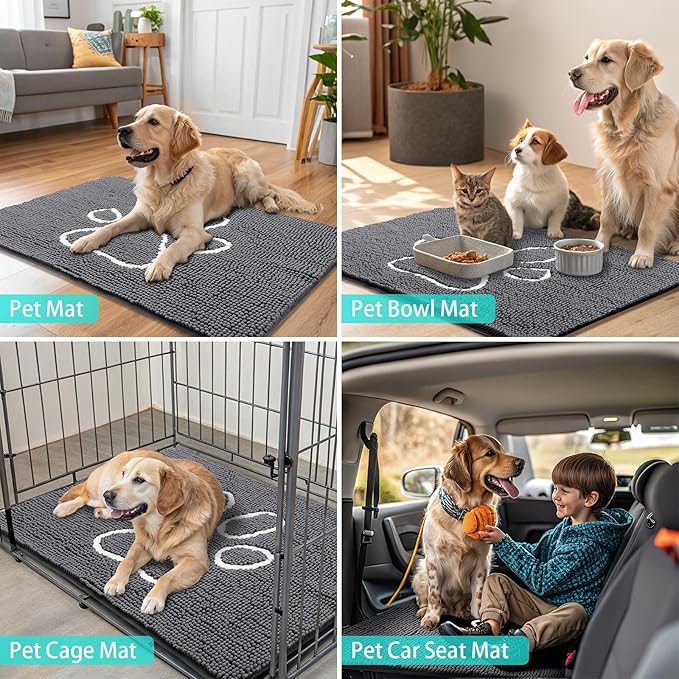 Smiry Dog Door Mat for Muddy Paws, Absorbent Dirt Trapper Non Slip Quick Dry Washable Chenille Mat for Mud Dogs, Entry Rug for Indoor and Outdoor (24x16 Inches, Dark Grey and White)