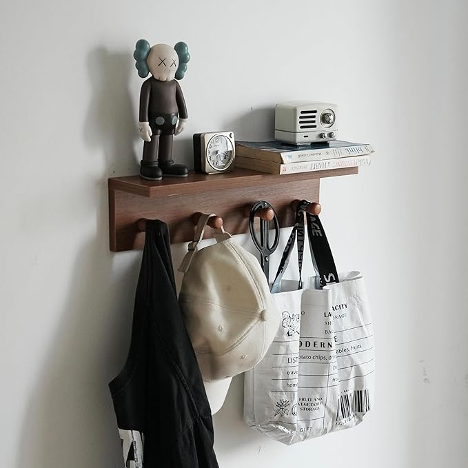 Entrance Coat Rack ，Coat Hooks, Wall-Mounted Wooden Hook Rack, Wall-Mounted Shelves are Very Suitable (Teak Colored Finish)