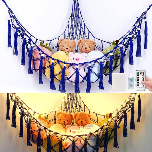 Stuffed Animal Hammock, 55in Storage Macrame Hammock with 75LEDs, Hanging Net for Kids Bedroom Doll Room Corner Organizer, USB Powered Plush Animal Storage Net with Remote (Dark Blue, XL)