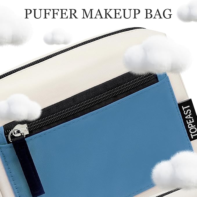 TOPEAST Makeup Bag, 2Pcs Travel Cosmetic Bag for Women, Portable Toiletry Pouch Set, Open-Wide Waterproof Make Up Purse Organizer, Beige Blue