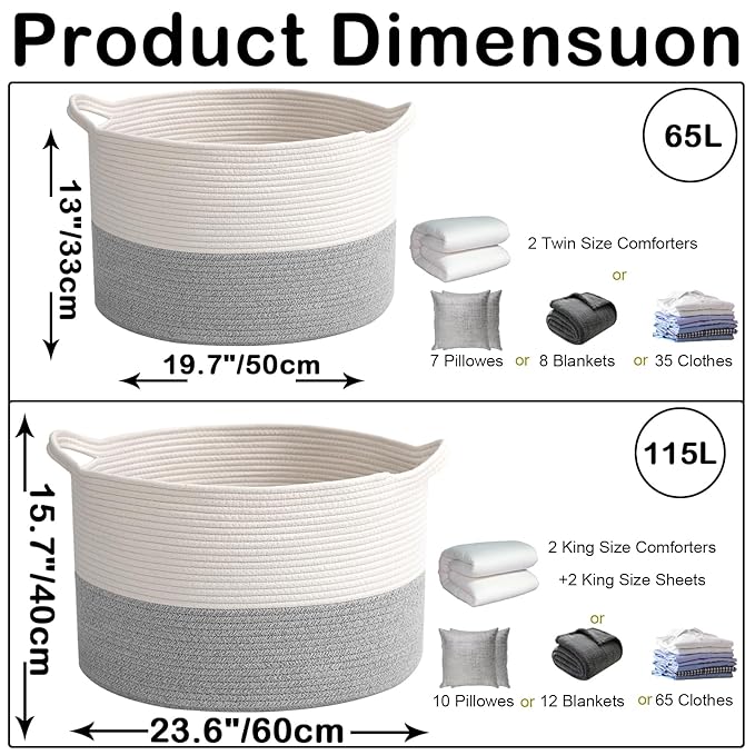 65L Large Woven Cotton Rope Blanket Basket with Handles, Laundry Hamper Storage Bin for Pillows, Comforters,Clothes, Bedroom and Living Room Organization,White&Grey