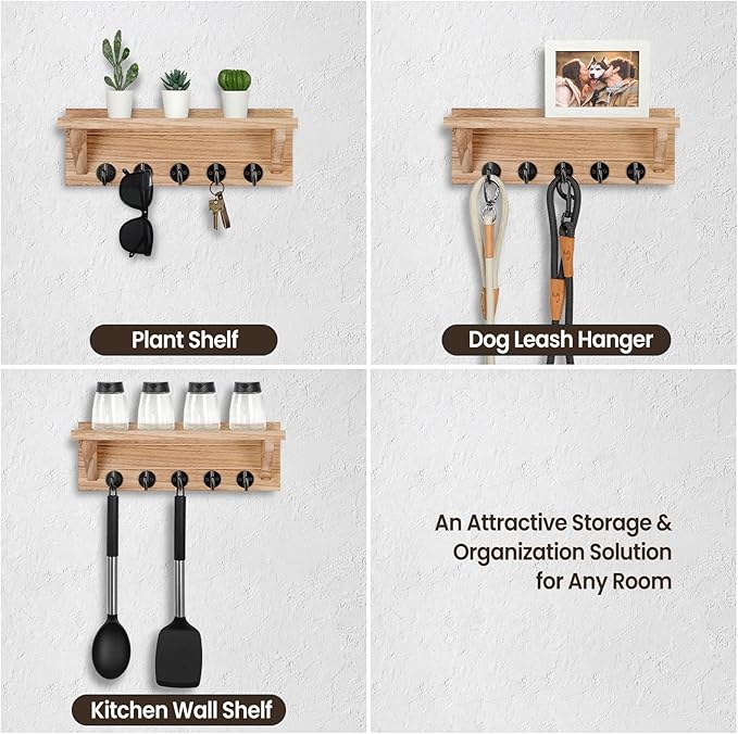 Wall Key Holder, Rustic Shelf with Hooks Made of Paulownia Wood Holds Keys, Dog Leash, Bags and More - 13.7" W x 4.7" H x 3.5" D Decorative Key Hanger and Entryway Shelf