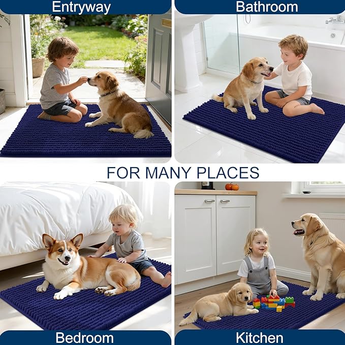 OLANLY Dog Door Mat for Muddy Paws 44x24, Ultra Absorbent Chenille Mud Doormat, Non-Slip Washable and Dirt Trapping Doormat for Indoor Entryway, Quick-Dry Indoor Pet Bed Mats for Dogs, Navy Blue