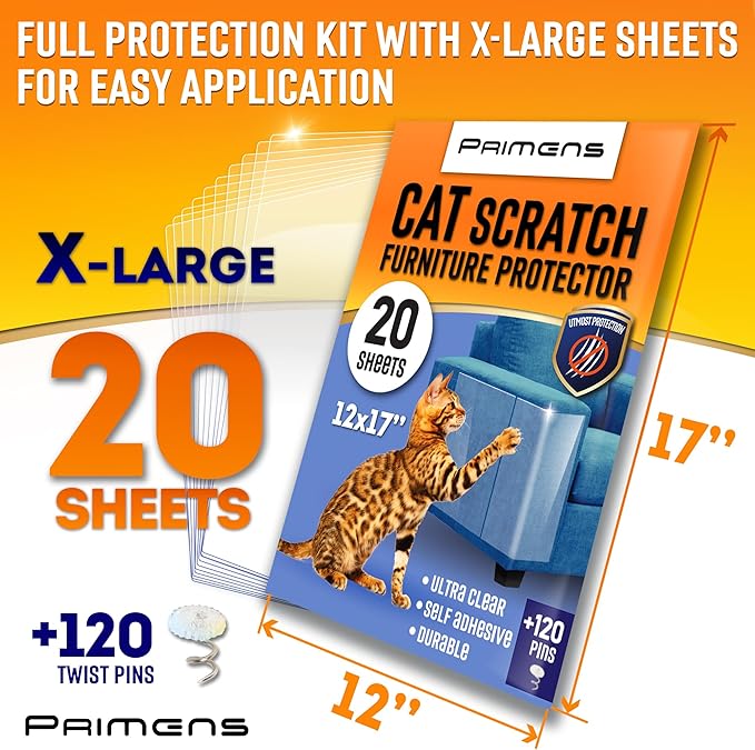 Heavy Duty Cat Scratch Deterrent Furniture Protectors for Sofa, Doors, Clear Couch Protectors from Cats Scratching, Anti Cat Scratch Tape Guards (Clear, 20 Sheets 17x12)