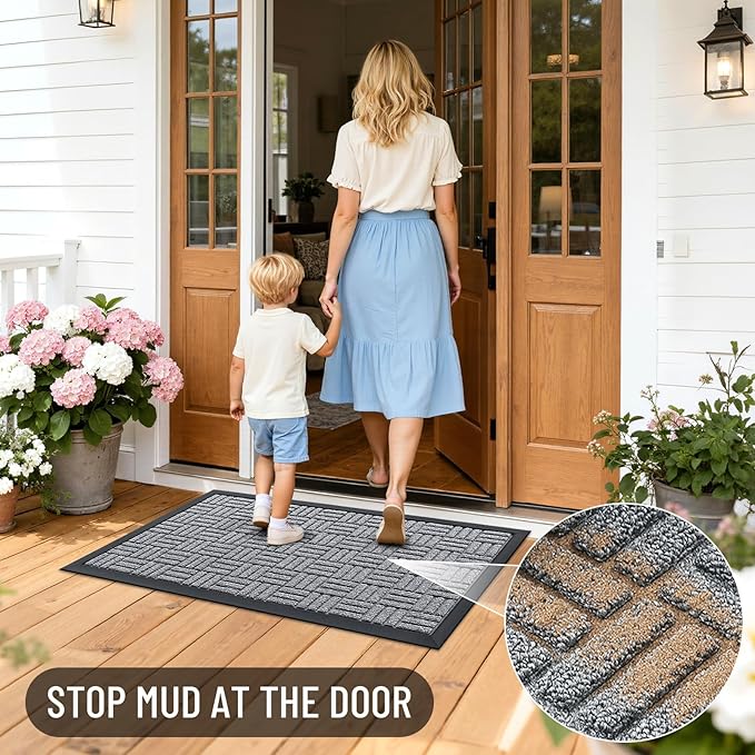 OLANLY Front Door Mat Outside Entrance 59x34, Absorbent, Heavy Duty Sturdy Natural Rubber Doormat Indoor Outdoor, Non-Slip, Stain and Fade Resistant, Low Profile Floor Mat for Entryway, Charcoal Gray