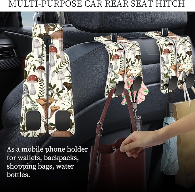 PU Leather Car Seat Hook, Storage Headrest Hanger, Cute Car Backseat Organizer, Car Hooks for Purses and Bags Mushroom Forest Pattern