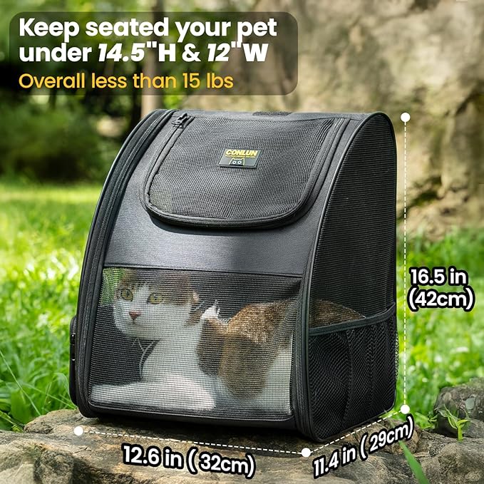 Conlun Cat Backpack Carrier for Small Dogs and Cats Fit Up to 15 Lbs,Small Dog Backpack, Foldable with 3-Side Mesh Windows, Pet Carrier for Travel & Hiking Friendly，Black