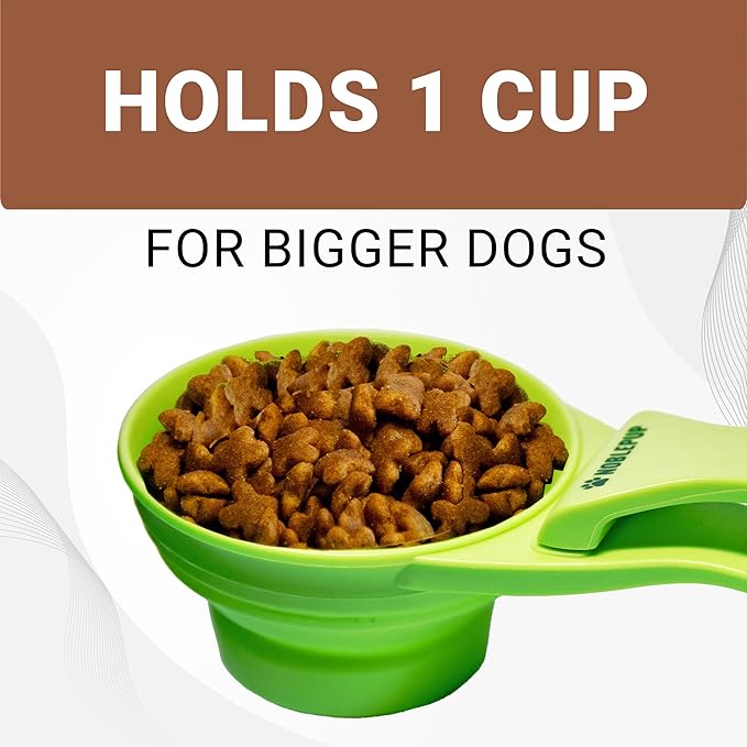 MeasureMate Pet Food Scoops with Bag Clip for Dog and Cat - 3-in-1 Multi-Function Collapsible Food Measuring Cup - 1 Cup Capacity, 8oz, Green - Dishwasher Safe