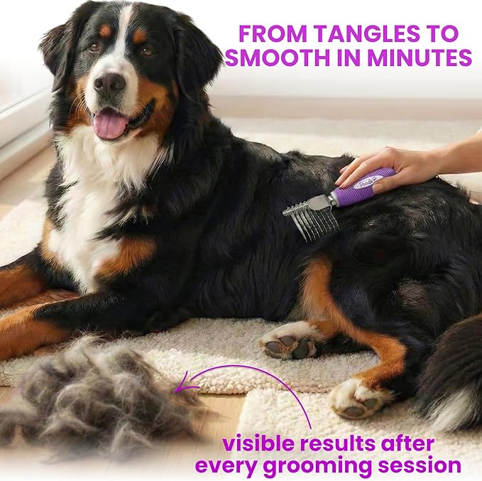 Poodle Dematting Fur Rake Comb Brush for Dogs and Cats - Long 2.5" Steel Safety Blades Metal Comb for Detangling Matted or Knotted Undercoat Hair