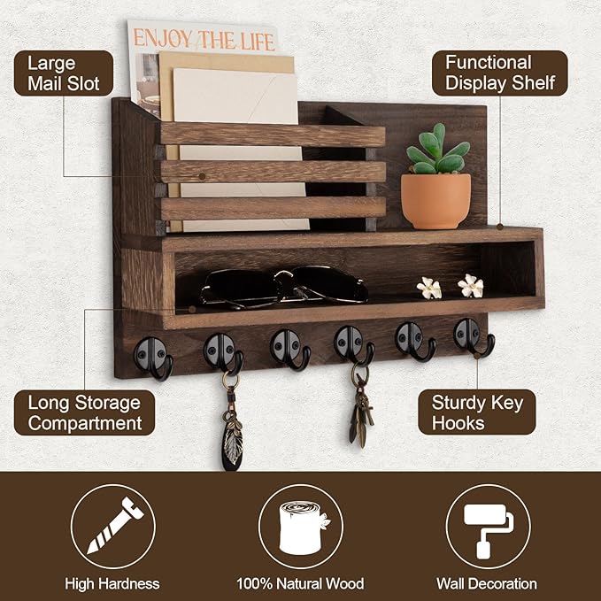 Lucundm Key and Mail Holder Wall Mount, Key Hanger with Long Storage Box and Key Hooks for Coat, Dog Leash, Home Decor Rack, House Accessories, Entry Way Organizer