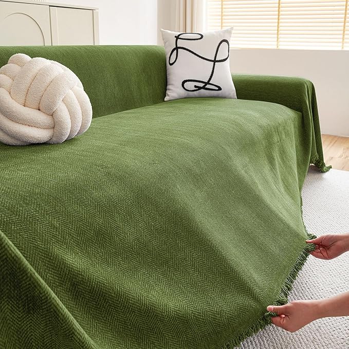 hyha Couch Cover for Dogs, Boho Sofa Covers for 3 Cushion Couch Washable, Chenille Sofa Slipcover for Pets, Soft Loveseat Sectional Couch Throw Blankets with Tassels (Green, 71x134 Inch)