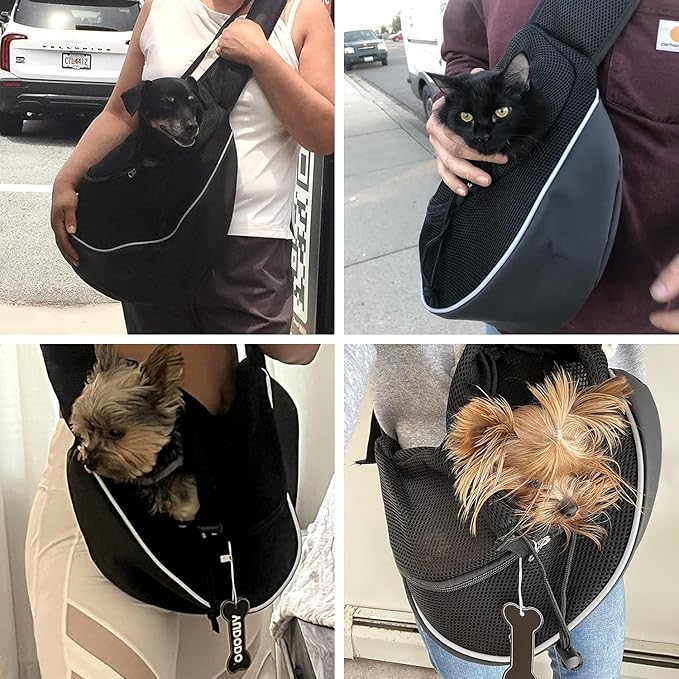 YUDODO Pet Sling Carrier for 10-15 lbs Small Dogs & Cats – Hands-Free Puppy Carrier with Safety Hook, Large Zipper Pocket, Soft Breathable Mesh, Adjustable Strap & Reflective Strip (Black 2.0 L)
