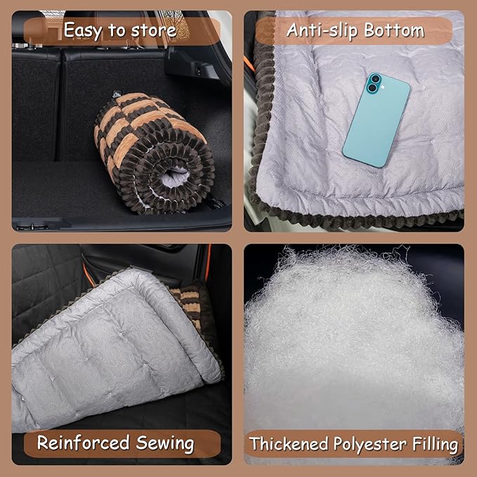 Dog Bed for Car Back Seat, Non-Slip Backseat Dog Car Bed Mat, Soft Furry Travel Pet Mat, Washable Blanket Custom Fit for Backseat Extenders and Hammock Seat Covers(54"×25" Brown)