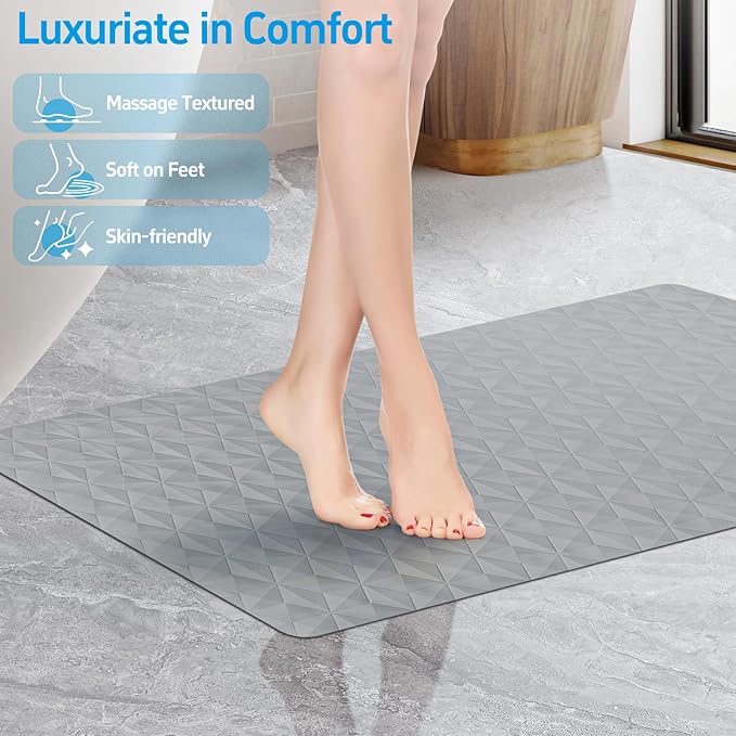 Non Slip Bathtub Mat for Bath Tub Shower - Natural Rubber Mat with Suction Cups - Large Soft Bathroom Safety Mat - Unique Diamond Pattern - Fatigue Relief - Machine Washable - 17 × 35 Inch