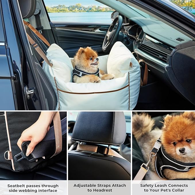 ZOMISIA Dog Car Seat for Small Dogs - Waterproof Pet Booster Seat for Car with Clip-On Safety Leash, Soft Travel Carrier for Puppy up to 25 lbs, Memory Foam Filling and 2 Adjustable Buckles, Beige