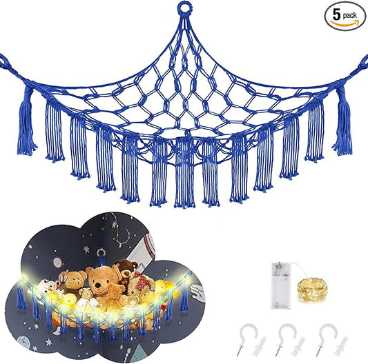 CERETIA Stuffed Animal Hammock with LED Light, Large Stuffed Animals Storage Corner Plushie Net for Kids Room Decor, Jumbo Royal Blue