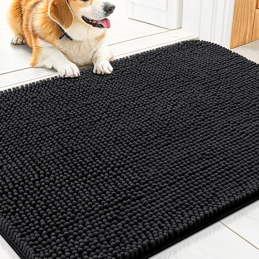 Smiry Dog Door Mat for Muddy Paws 30x17, Absorbs Moisture and Dirt Doormat, Non-Slip Washable Quick Dry Chenille Front Door Mat Indoor Entrance, Entryway Carpet for Inside Floor, Black