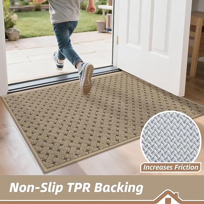 BEQHAUSE Dirt Trapper Door Mat Non-Slip Entryway Rugs Stain Resistant Absorbent Dog Doormats Woven-Look Washable Welcome Floor Doormat for Front Back Door, Muddy Wet Shoes & Paws, 24" x 36", Beige