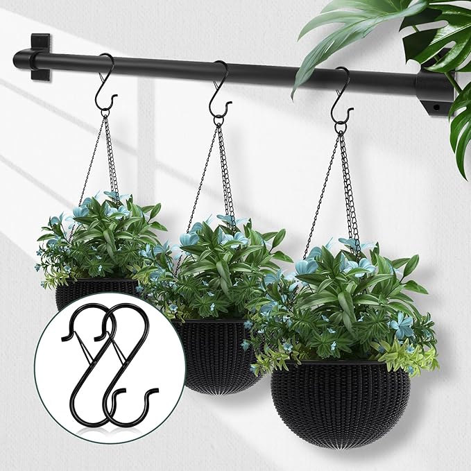 12PCS S Hooks for Hanging,3.5 Inch Heavy Duty Closet Hooks with Safety Buckle,Closet Hooks Hanging for Plants,Clothes,Kitchen Utensil,String Lights,Handbags,Belt, Hat, Cup, Tie (Black)