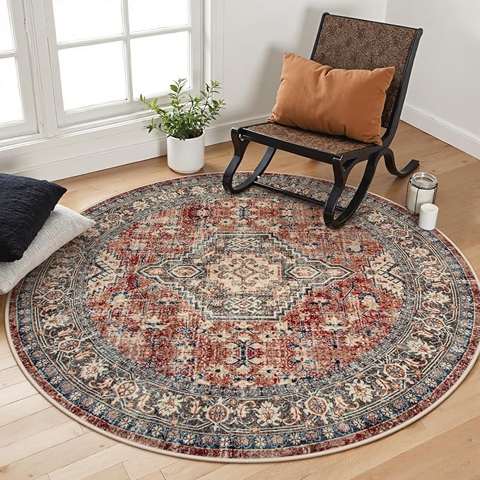 Lahome Oriental Washable Round Area Rug, Non-Slip Round Rugs 6ft Ultra-Thin, Soft Large Throw Circle Carpet for Living Room Bedroom Kitchen Nursery Eleanor, Brick Red