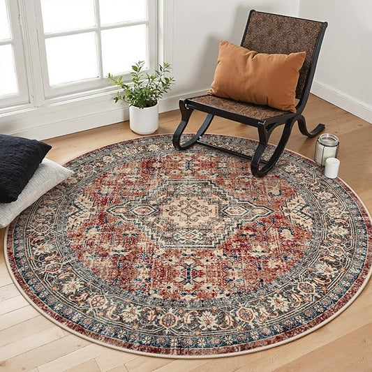 Lahome Oriental Washable Round Area Rug, Non-Slip Round Rugs 6ft Ultra-Thin, Soft Large Throw Circle Carpet for Living Room Bedroom Kitchen Nursery Eleanor, Brick Red