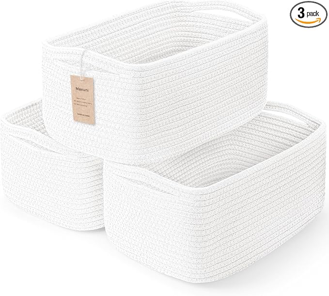 3-Pack Storage Baskets for Organizing | Woven Shelf Toy Basket | Rope Baskets for Gifts Empty | Closet Organizer Bins with Handles | Cube Decorative Box | 13.7×7.1×6.7” | White