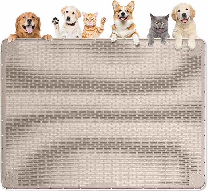 Bartuke Dog Food Mat, Extra Large 50" x 35" Silicone Pet Feeding Mat with Raised Edge Pet Placemat for Small, Medium, and Large Pets Non-Slip, Easy to Clean (Khaki)