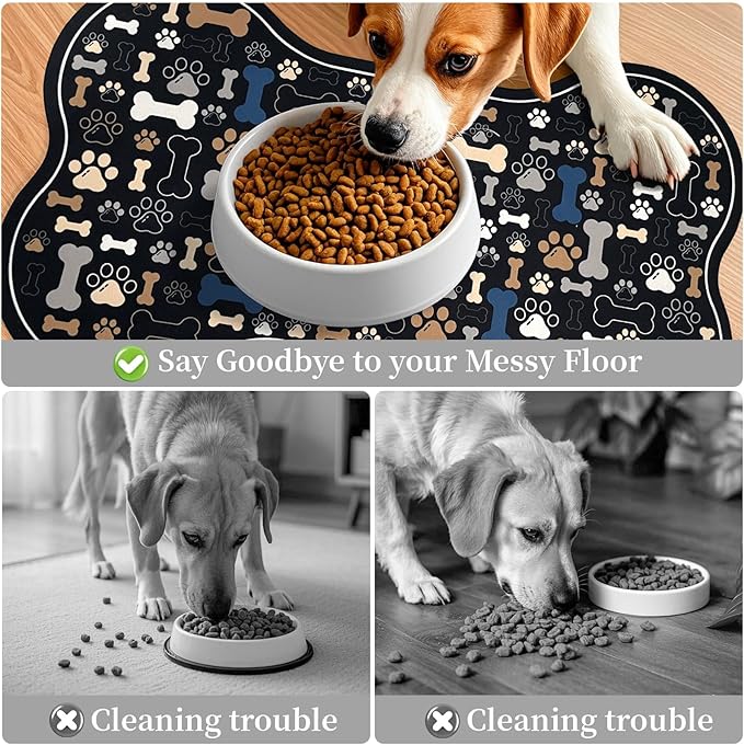 Dog & Cat Food Mat Bone Shaped Pet Feeding Mat Quick Absorb Water Bowl Placemat with Rubber Backing Indoor Floor Stain Resistant Pet Accessory Supplies (Black, 17x29 Inches)