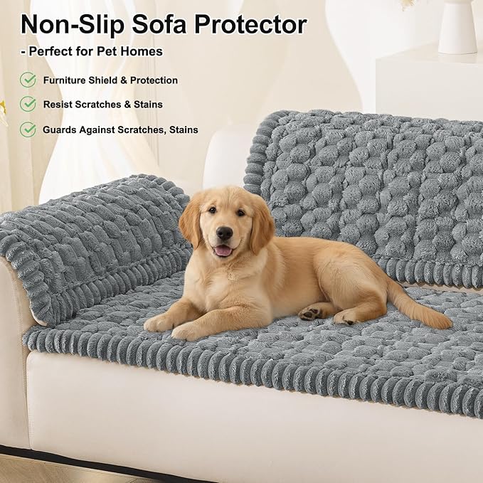 Smiry Pet Couch Cover for 3 Cushion Sofa, Non-Slip Fuzzy Couch Cover for Dogs Washable, Thick Soft Sofa Slipcovers Cushion Protector Pet Friendly (Grey, 27.6" x 70.9")