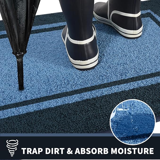 PURRUGS Dirt Trapping Door Mat 24" x 60", Non-Slip Machine Washable Entryway Rug, Entrance Mat, Indoor Front Door Mat, Super Absorbent Entry Rug for Muddy Shoes & Paws, Light Blue & Navy