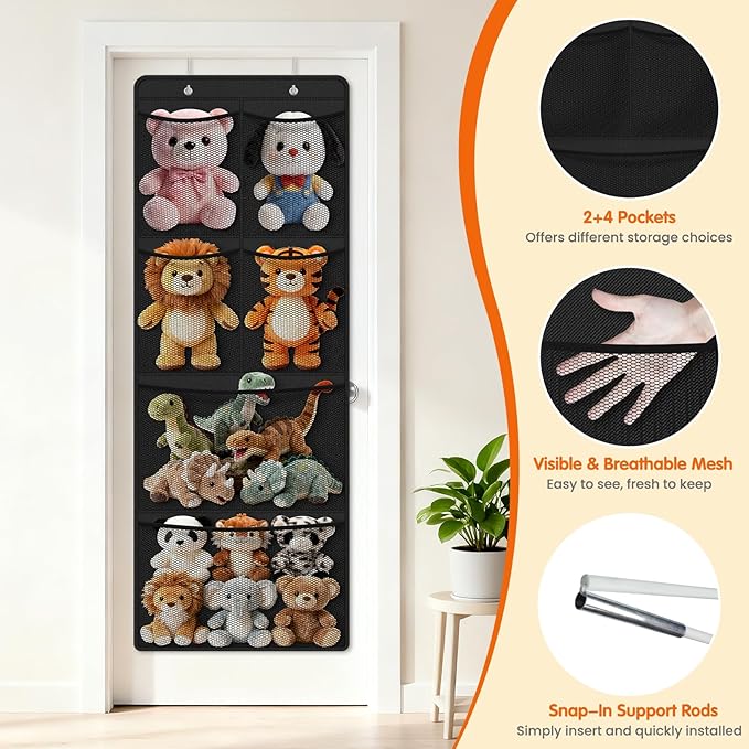 Stuffed Animal Storage - Large Over the Door Organizer with 6 Expandable Mesh Pockets & Metal Hooks, Non-Woven Fabric Hanging Plush Items Holder for Nursery, Bedroom, Playroom (Black)
