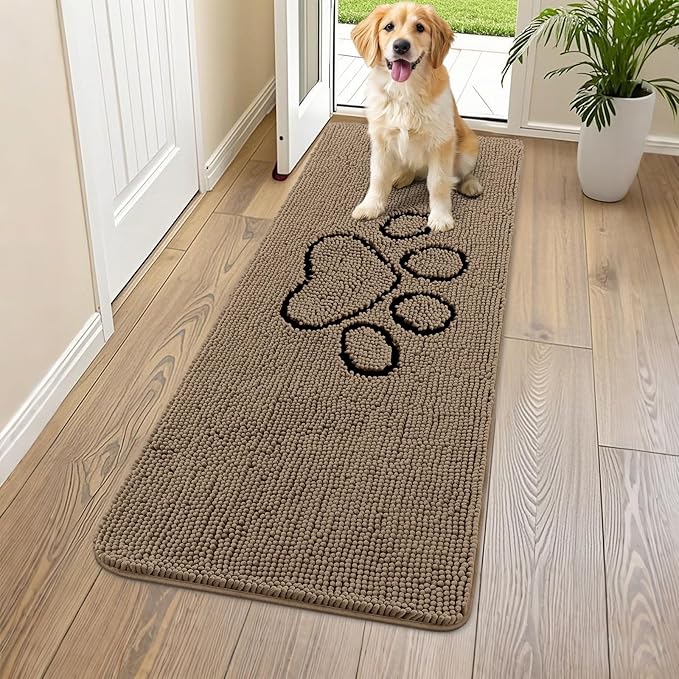 Smiry Dog Door Mat for Muddy Paws, Absorbent Dirt Trapper Non Slip Quick Dry Washable Chenille Mat for Mud Dogs, Entry Rug for Indoor and Outdoor (59x20 Inches, Camel and Black)