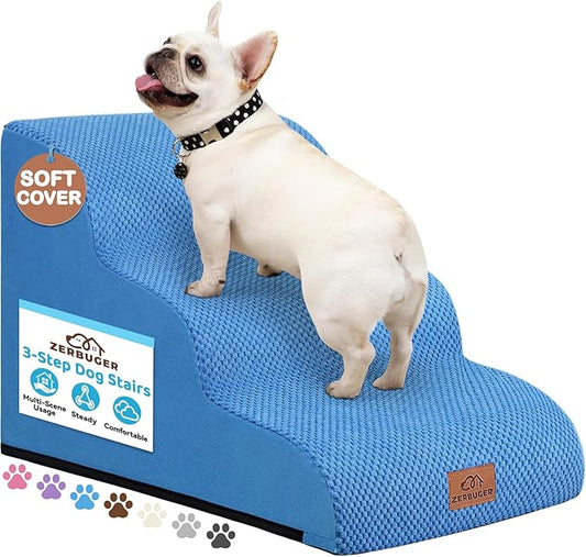Zerbuger Dog Ramp and Stair for Bed 16" H-20 H,3-Step Cat Stair for Sofa and Chair,4-Step Dog Ramp for High Bed and Window,Durable Nonslip Fabric Cover for Indoor (Blue-16“H, Pet Friendly, 3)