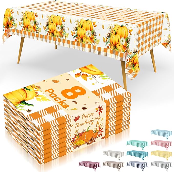 Smiry 8 Packs Buffalo Disposable Table Cloth, 54 x 108 Inch Waterproof Plastic Tablecloth, Rectangle Harvest Pumpkin Orange Checkered Table Covers for Picnic, Thanksgiving, Birthday, Party