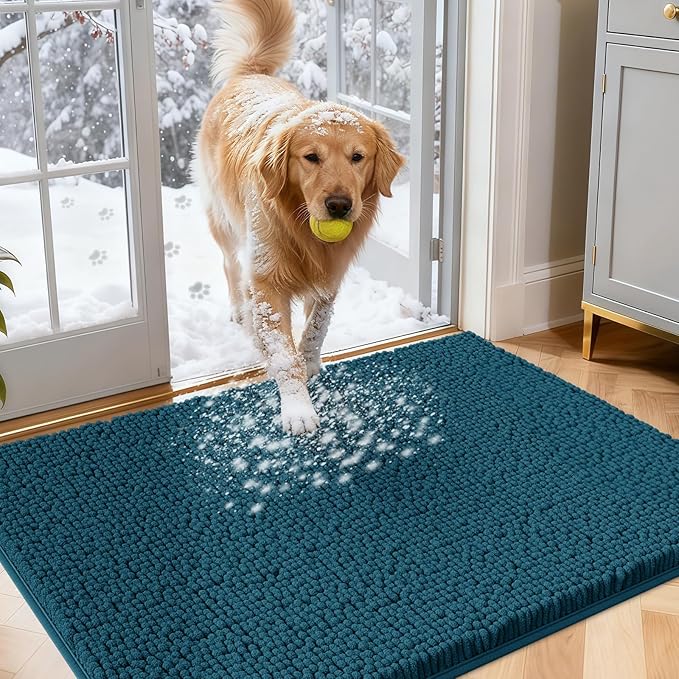 IM HOME Dog Door Mats for Muddy Paws, 36" X 24" Chenille Absorbent Doormat, Non Slip Heavy Dog Rugs for Muddy Paws, Soft Indoor Door Mat for Entryway, Mud Paw, Inside Floor, Teal Blue