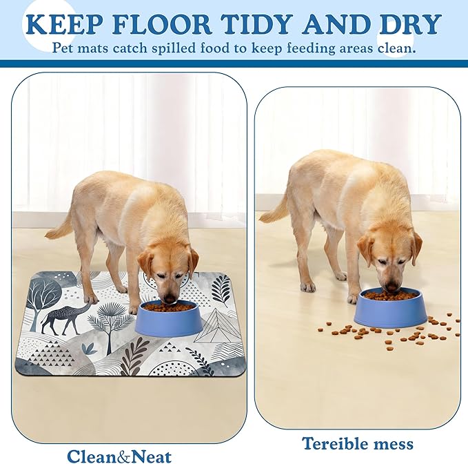Watercolor Desert Camel Pet Feeding Mat for Floors–Absorbent Quick Dry Dog Cat Bowl Mat for Food and Water, Non Slip Waterproof Base, Mess-Free Feeding Accessories 16"x24"