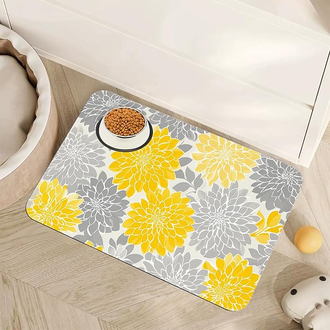 Dahlia Dog Cat Food Mat,Gray Yellow Flower Absorbent Pet Feeding Mat with Rubber Backing,Non-Slip Water Bowl Placemat,Indoor Pet Accessories Supplies 16"x24"