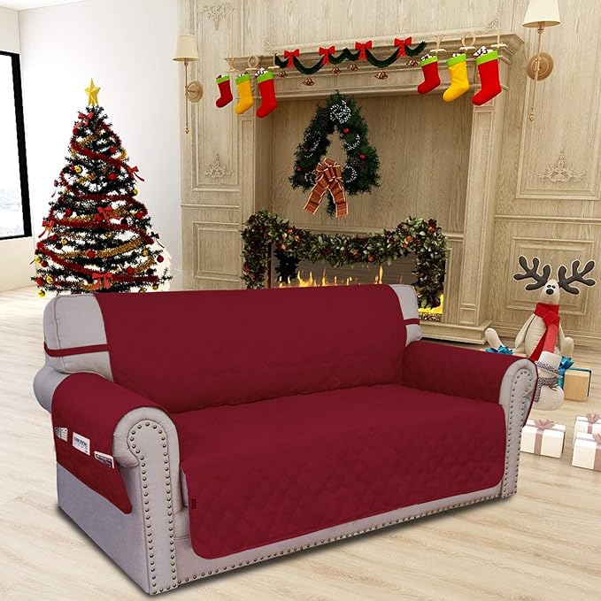 Easy-Going Sofa Slipcover Loveseat Cover Waterproof Couch Cover Washable Sofa Cover for 2 Cushion Couch Non-Slip Fabric Furniture Protector with Pocket for Pets Kids Dog Cat (Loveseat, Christmas Red)