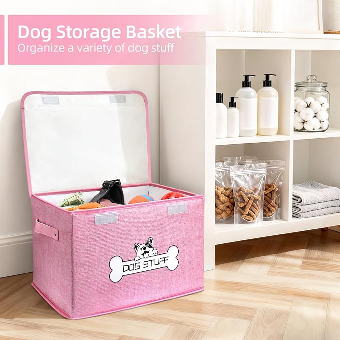 Thankspaw Fabric Dog Toy Box with Lid, Collapsible Storage Bin, Basket Organizer with Handle for Dog Toys, Blankets and Accessories, Pink