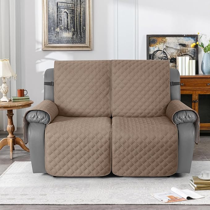 TAOCOCO 100% Waterproof Recliner Couch Covers, Recliner Sofa Covers with Leg Straps, 1-Piece Washable Reclining Sofa Cover with Pocket Couch Protector for Pets Kids(2 Seater, Khaki)