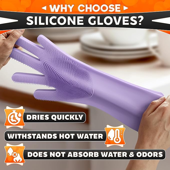RZleticc Silicone Dish Gloves with Scrubbers – Thick Tear-Resistant Cat & Dog Washing Gloves for Bathing – Multi-Purpose Use