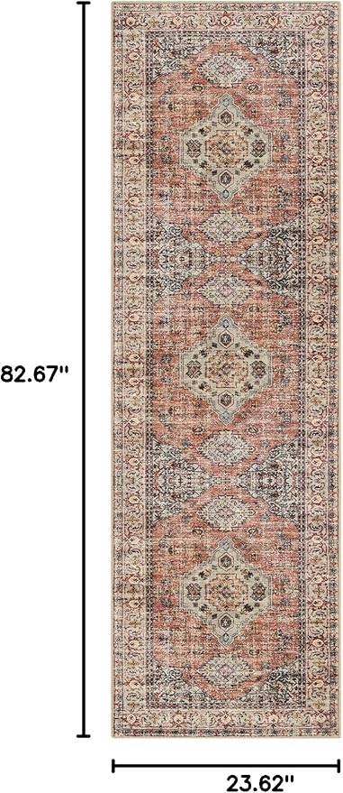 Lahome Oriental Washable Runner Rug Non Slip, 2x7 Rug Runners for Hallways Non Slip Vintage Ultra-Thin Soft Long Carpet for Kitchen Laundry Room Bedroom Eleanor, Peach/Orange